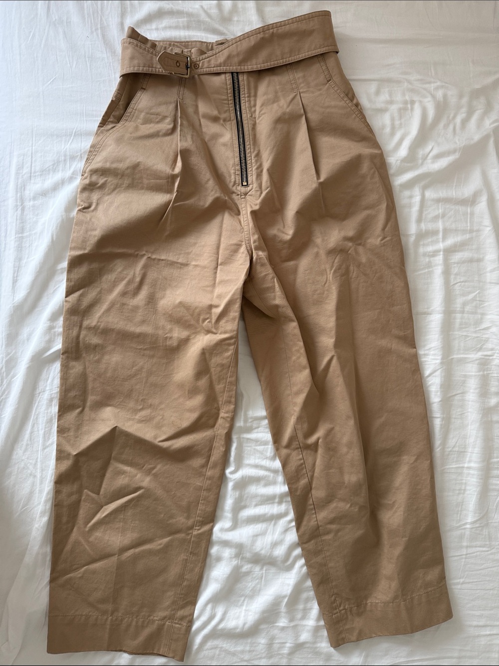 Sandro Cropped High-Waist Belted Trousers in Tan